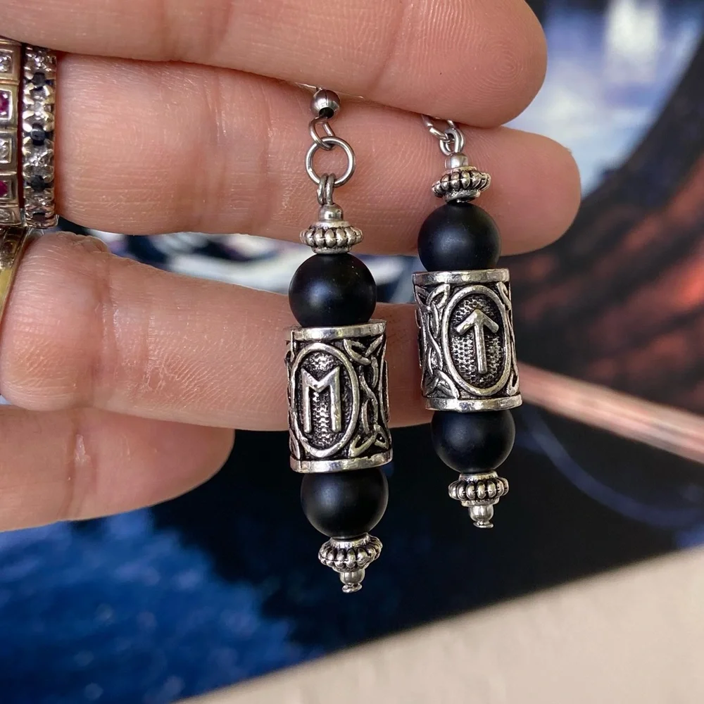 Matte Black onyx viking celtic runes dangly stainless steel post hooks earrings - Picture 1 of 9